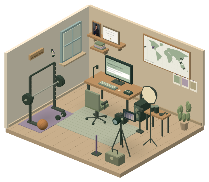 Room with desk, fitness equipment, camera, shelf and travel map